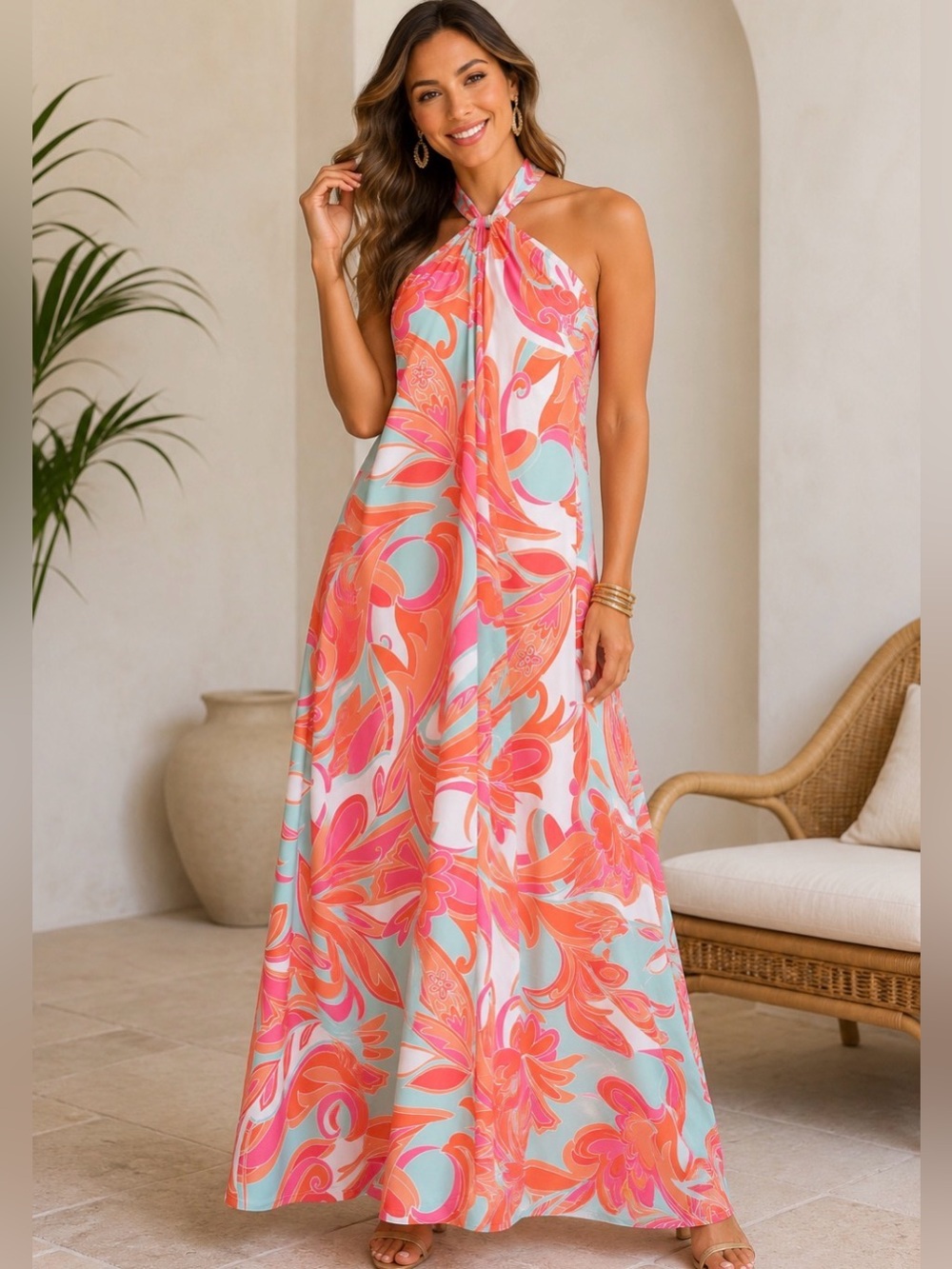 NWT Boston Proper Floral Halter Maxi Dress Orange Multi S
